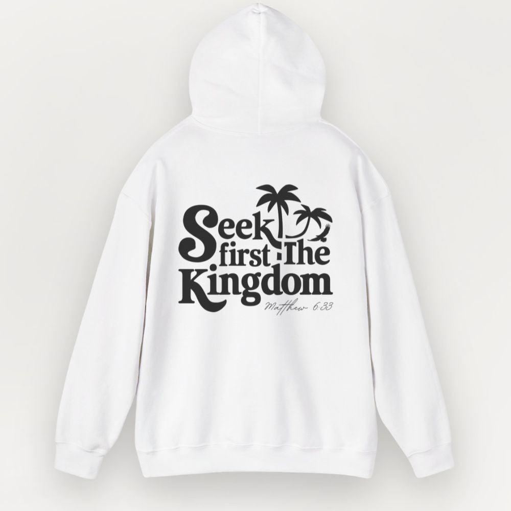 White hoodie with black text and palm tree design on a white background