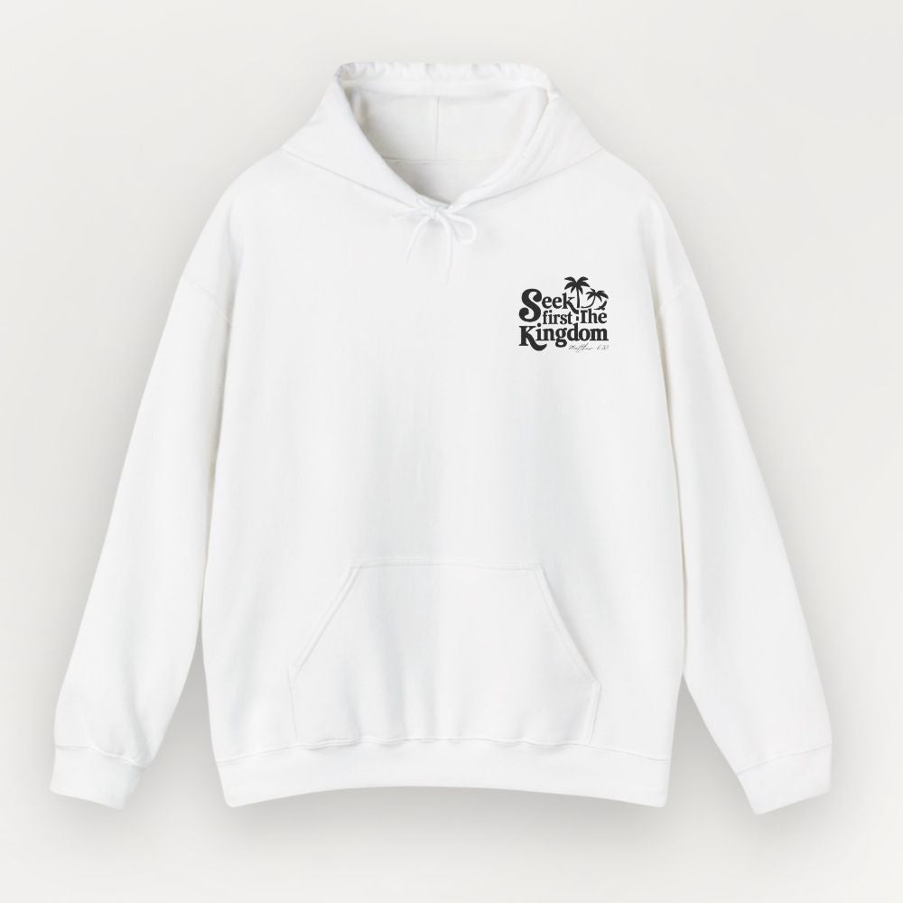 White hoodie with black text and logo on a white background