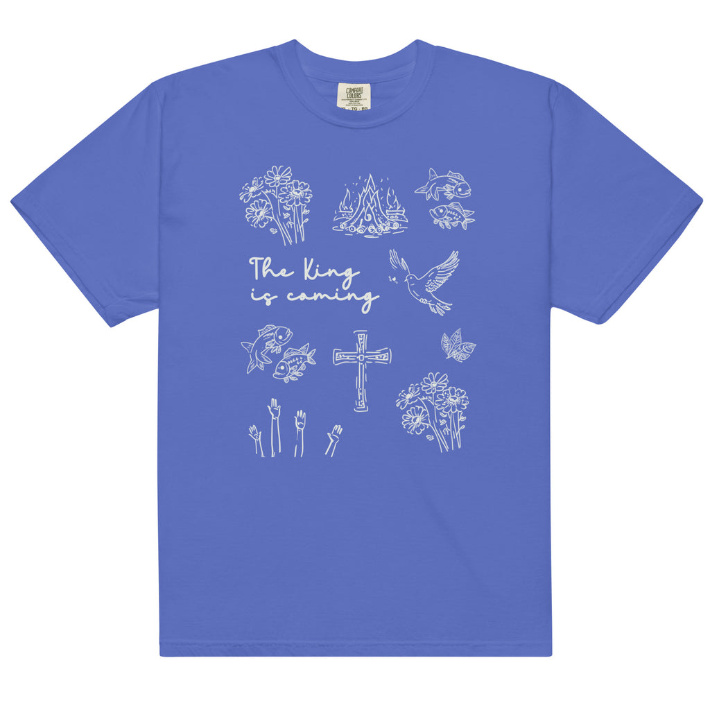 Blue faith inspired t-shirt featuring Christian symbols and the phrase The King is coming inspired by Revelation 22:12