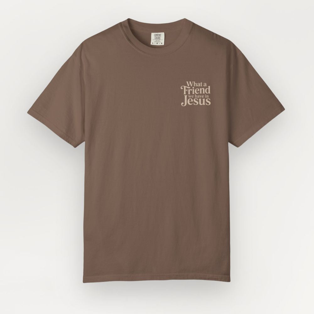 Brown t-shirt with 'What a Friend We Have in Jesus' text on a white background
