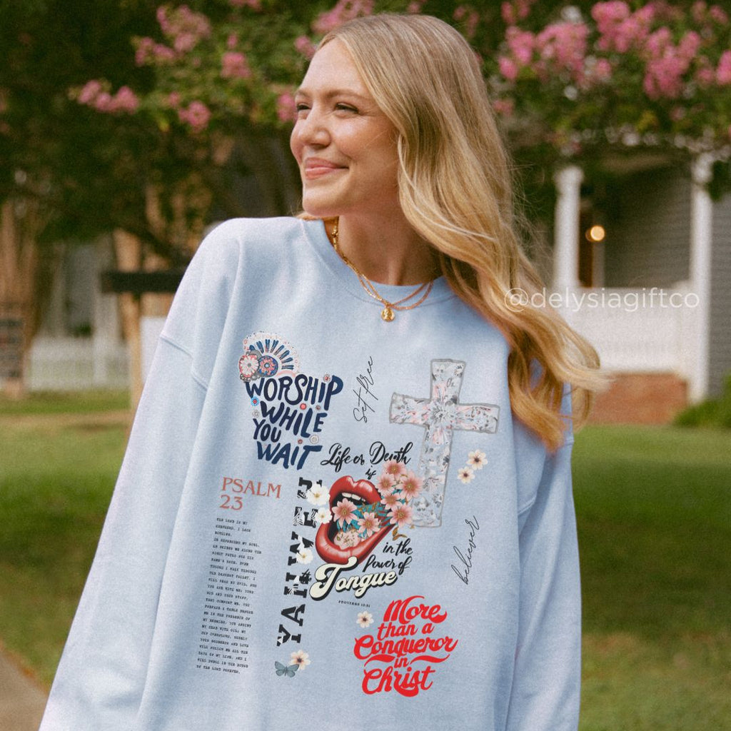Faith based sweatshirt with Worship While You Wait message