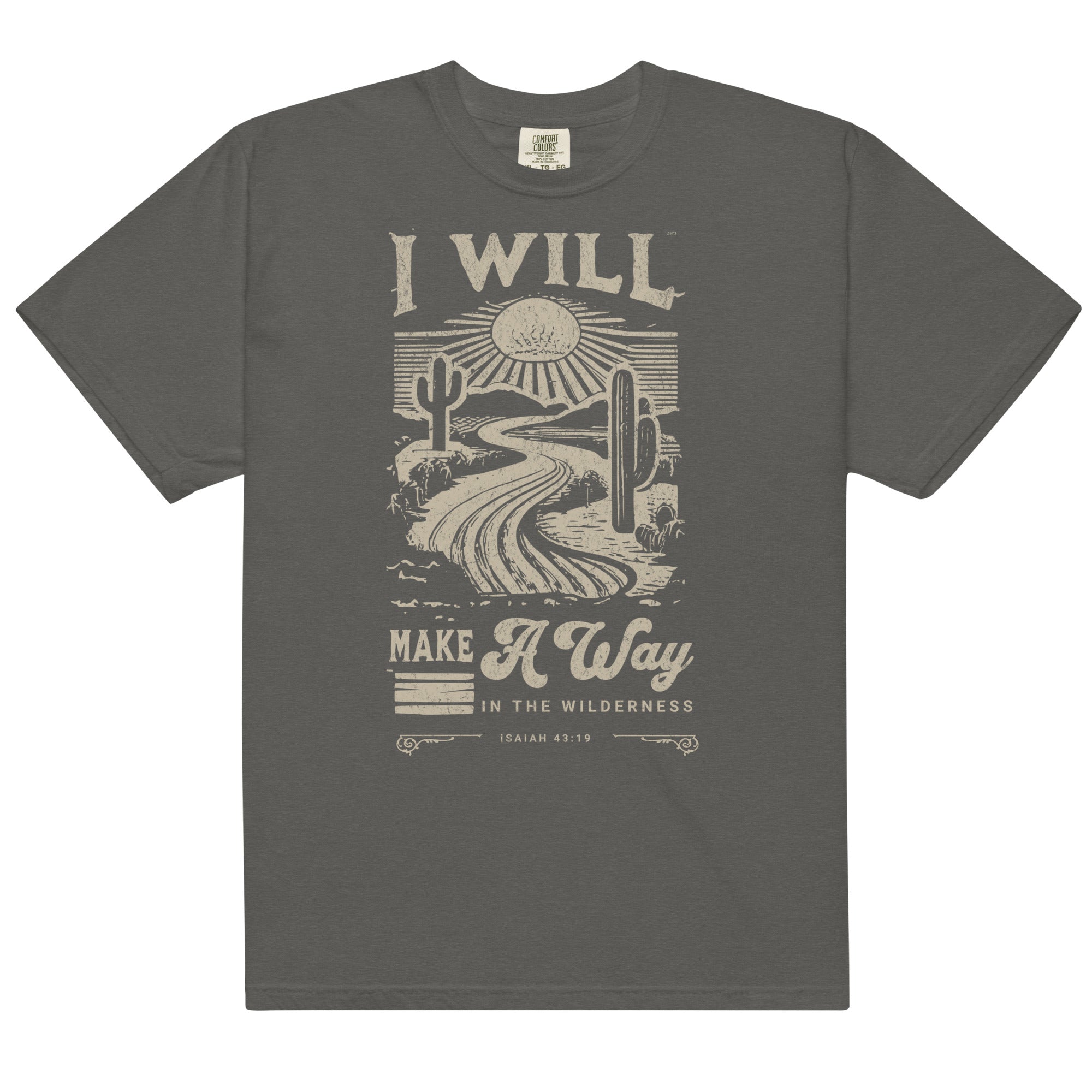 Close-up of I Will Make a Way Christian tee featuring desert path and scripture design
Woman styled in a faith-based Isaiah 43:19 t-shirt outdoors